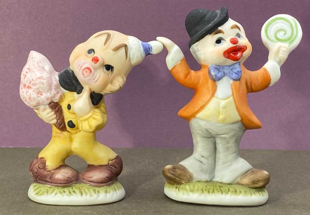 VTG Pair Circus Clowns with Hat & Lollipop & Ice Cream Ceramic 3” Price Products